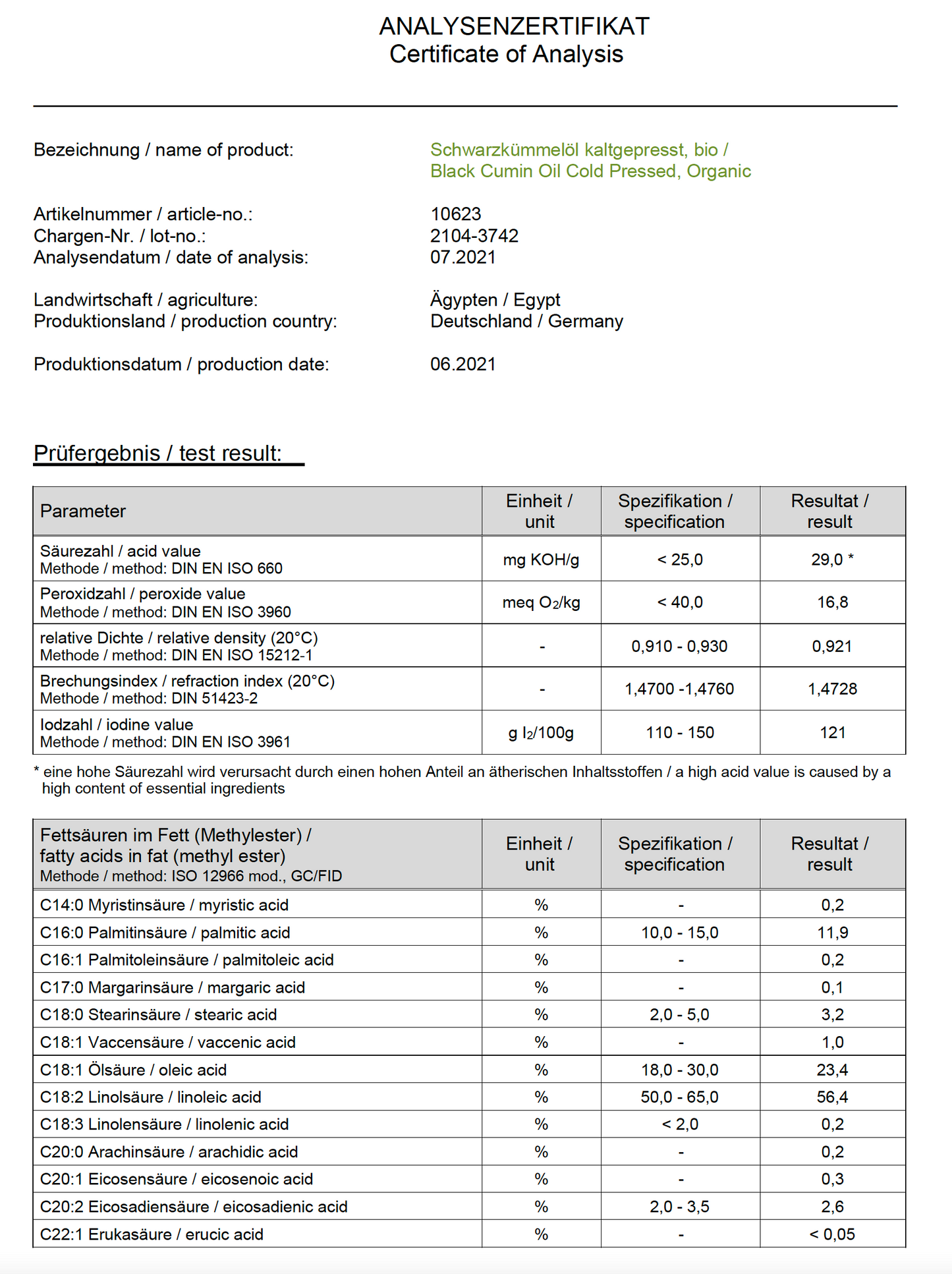 PURESUPPLEMENTS Bio Schwarzkümmelöl_Analyse