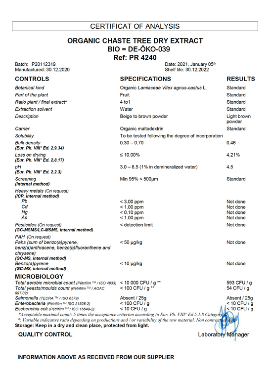 Premium Bio Mönchspfeffer Spezial Fruchtextrakt mit Bio Acerola-Fruchtextrakt 17% (4:1 Spezial Extrakt, Yin & Yang Balance, Wasserextraktion)