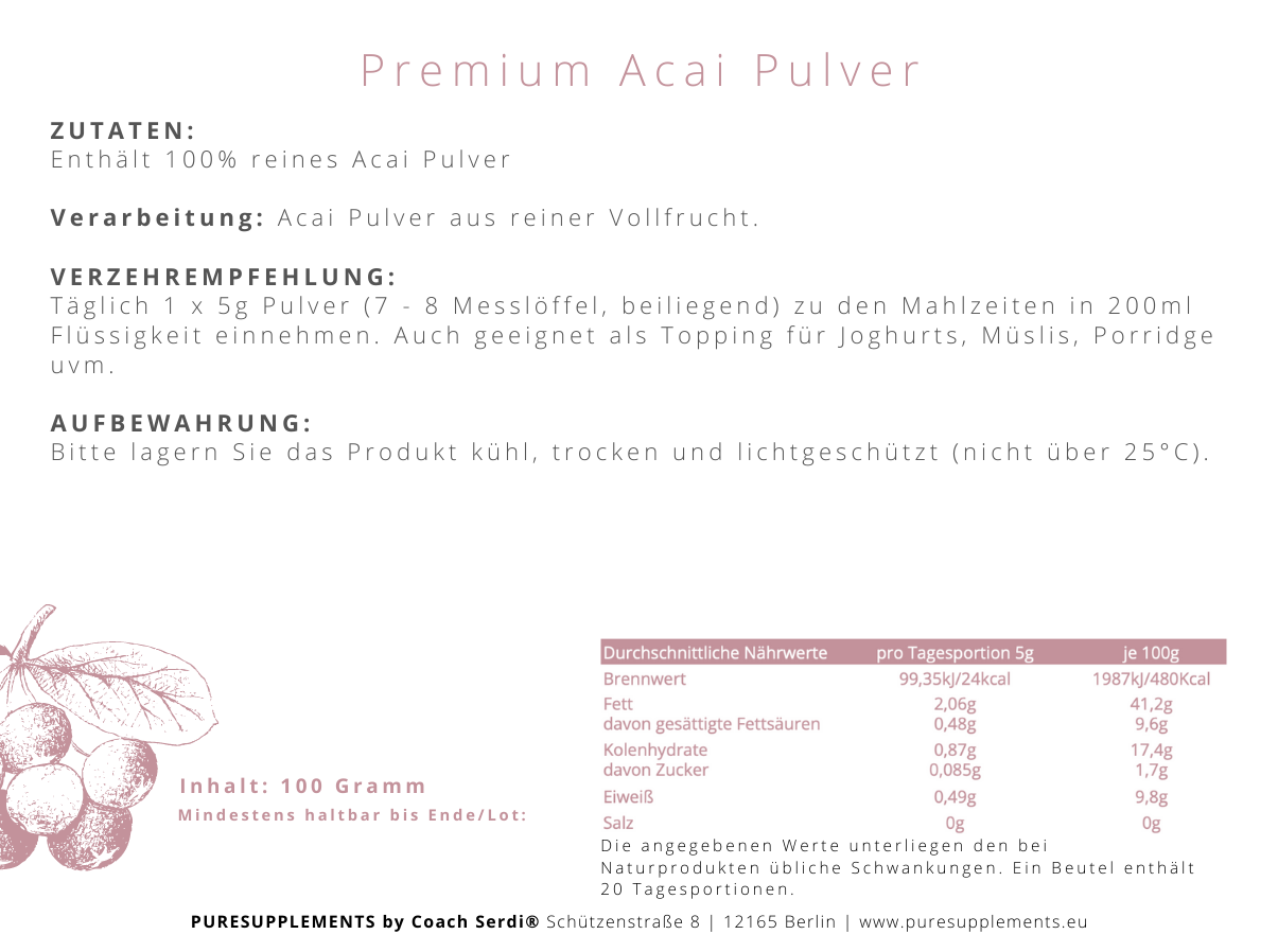 Premium Acai Pulver (Rohkostqualität, Wildwuchs, 100g, acai)