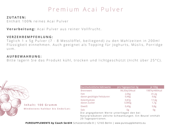 Premium Acai Pulver (Rohkostqualität, Wildwuchs, 100g, acai)