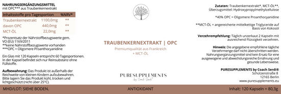 Premium Nativ-OPC 440mg VinOseed® Traubenkernextrakt aus Spitzenanbau Frankreich + MCT-ÖL (Rebsorte Vitis Vinefera L., hochreine Wasserextraktion, Sulfit-frei, echtes OPC)