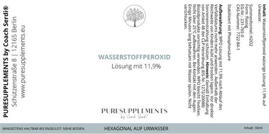 Premium Wasserstoffperoxid H2O2 11,9% hoch energetisiert auf Hexagonalem Urwasser (Warze, wpo, 20ml, aktives Sauerstoff, 0% Zusätze)