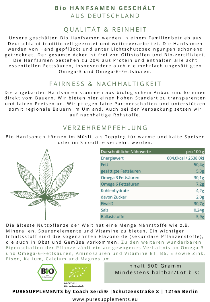 Premium Bio Hanfsamen geschält 500g aus Spitzenanbau Deutschland (Rohkost-Vegan)