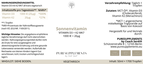 Premium Vitamin D3K2 VEGETARISCH All Trans MK7 Tropfen - 50ML hoch bioverfügbar mit 1700 Tropfen (Europa, Basic, D3 1000IE+ K2 20ug)