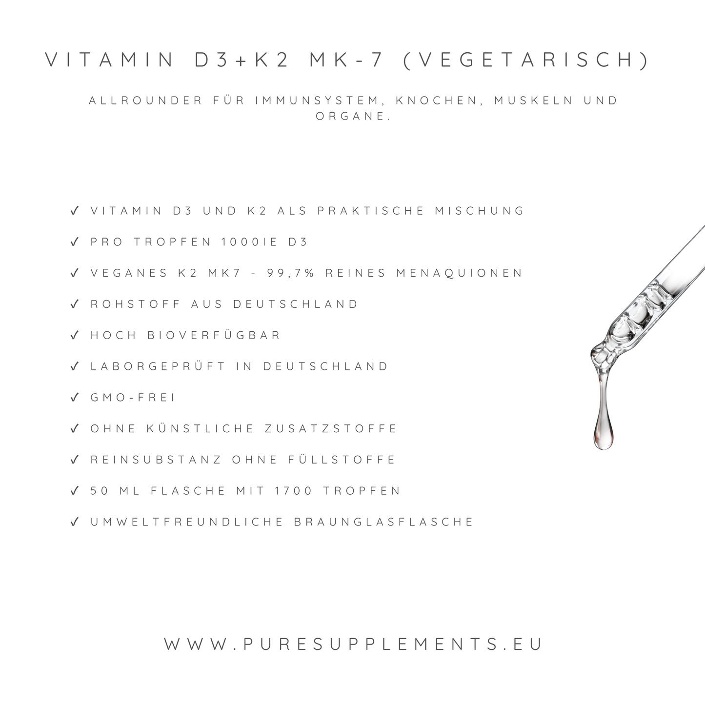 Premium Vitamin D3K2 VEGETARISCH All Trans MK7 Tropfen - 50ML hoch bioverfügbar mit 1700 Tropfen (Europa, Basic, D3 1000IE+ K2 20ug)