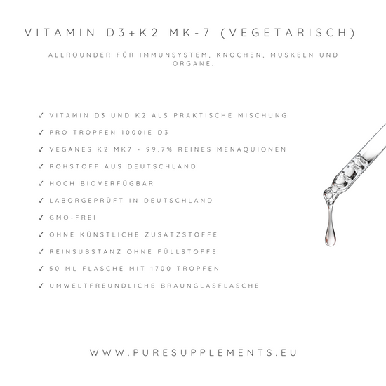 Premium Vitamin D3K2 VEGETARISCH All Trans MK7 Tropfen - 50ML hoch bioverfügbar mit 1700 Tropfen (Europa, Basic, D3 1000IE+ K2 20ug)