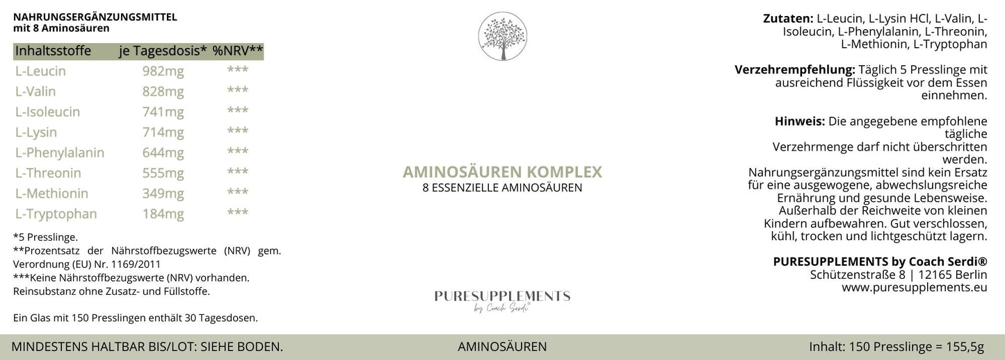 Premium MAP 8-Amino-Komplex aus pflanzlicher Fermentation (8 Aminosäure, 100% pflanzlich, 150 Presslinge, GMO-Free))