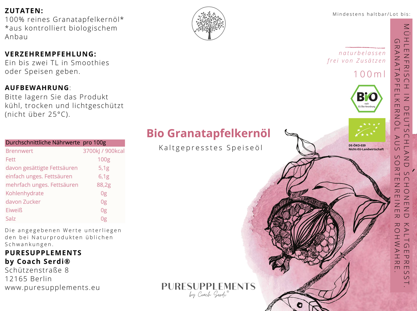 Premium Bio Granatapfelkernöl aus Spitzenanbau Aserbaidschan (Nativ-schonend kaltgepresst, 100 ML, Marascaglas)